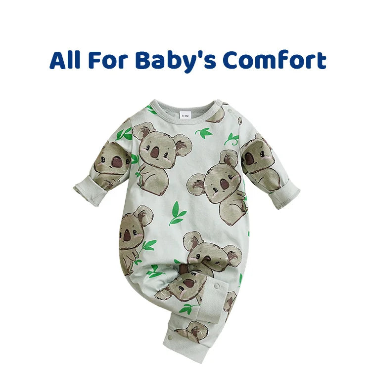 Happy baby wearing a unisex koala cartoon cotton bodysuit, cute baby fashion