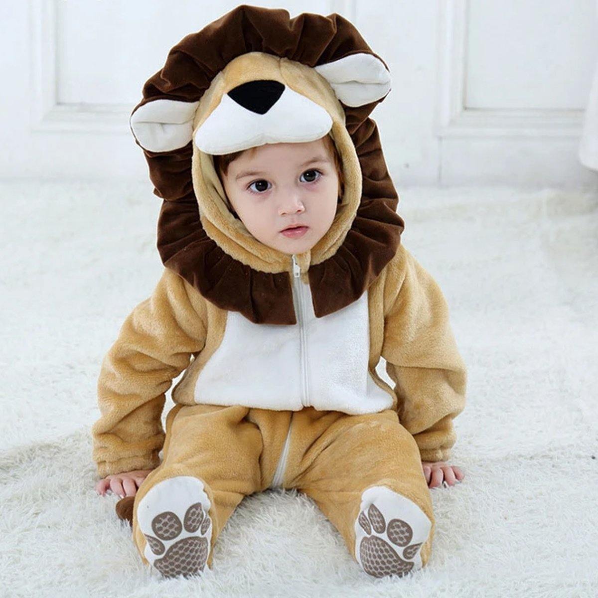 Adorable unisex lion baby jumpsuit with hood, ideal as an animal costume or comfortable infant romper.