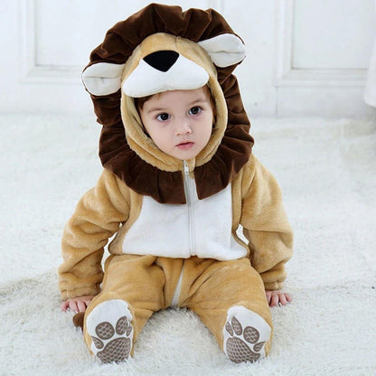 Adorable unisex lion baby jumpsuit with hood, ideal as an animal costume or comfortable infant romper.