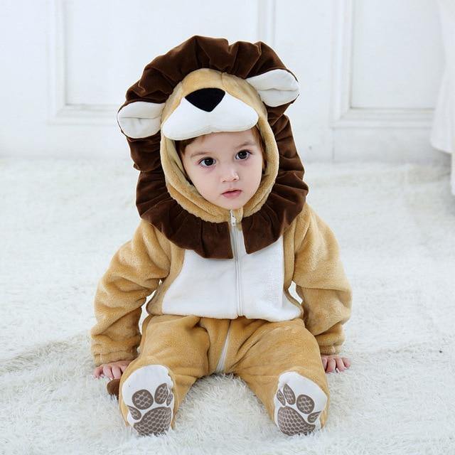 Cozy unisex baby lion outfit, a soft cotton hooded jumpsuit for infants and newborn essentials.