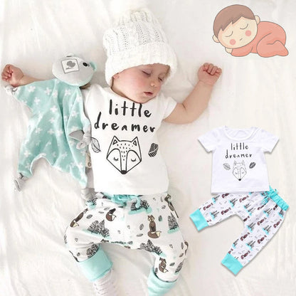 Unisex baby little dreamer cotton two-piece set, white with deer print, cozy infantwear.