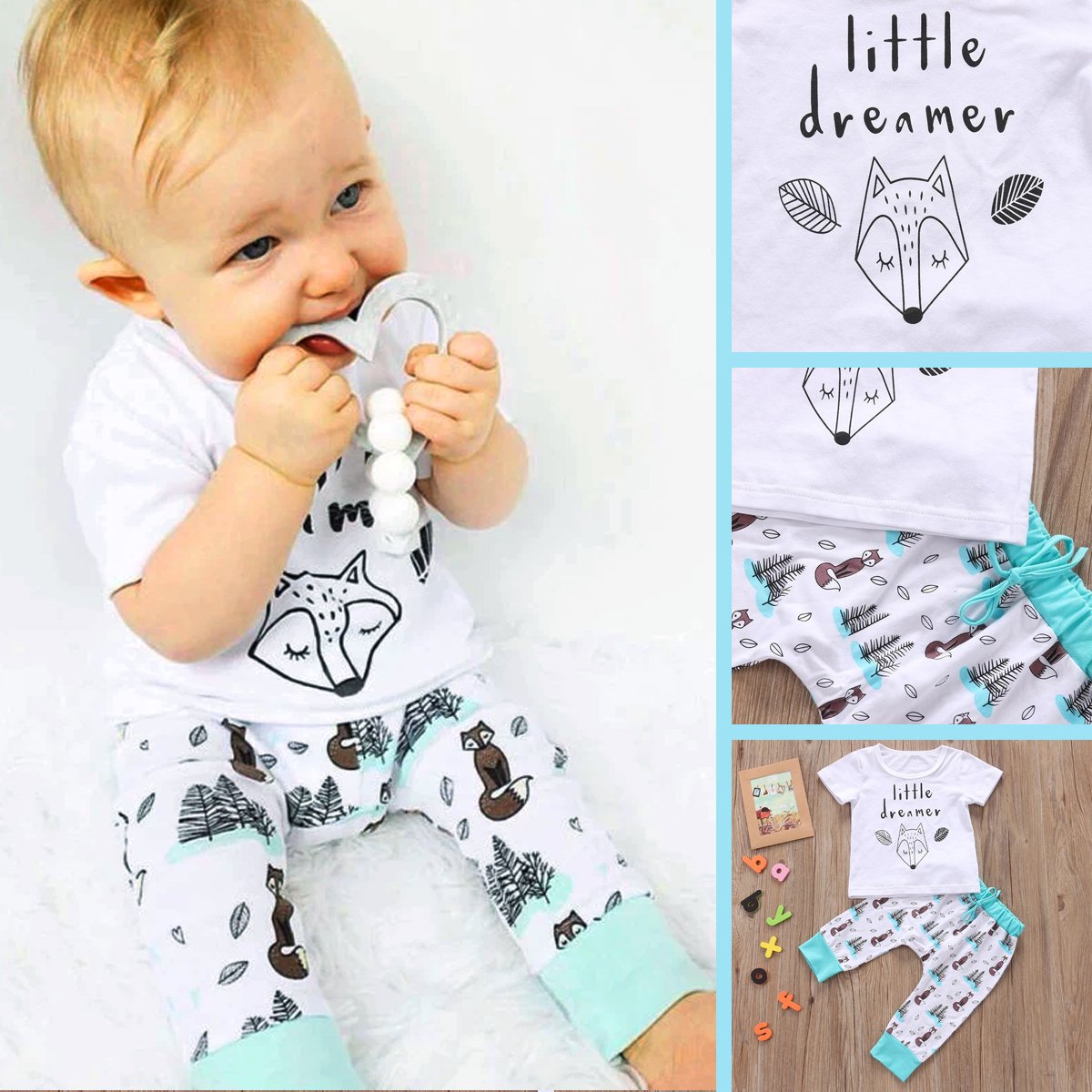 Close-up of a unisex baby cotton sleepwear set, 'Little Dreamer' deer print design.