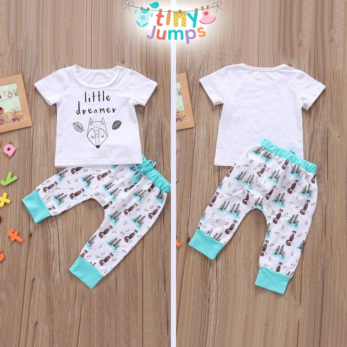 Soft cotton baby sleepwear set, unisex design with deer and 'Little Dreamer' print.