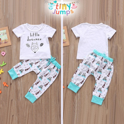 Soft cotton baby sleepwear set, unisex design with deer and 'Little Dreamer' print.