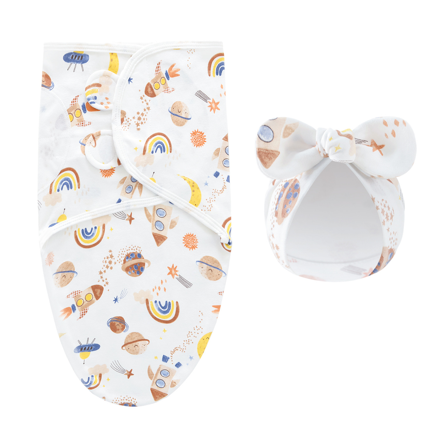 Unisex baby swaddle blanket in a luxury fabric, paired with a coordinating hat