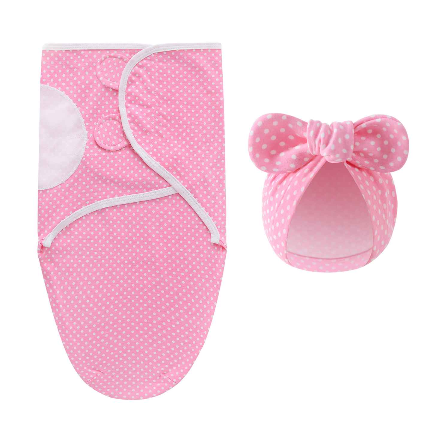 Adjustable baby swaddle for secure infant sleep, includes a soft matching hat