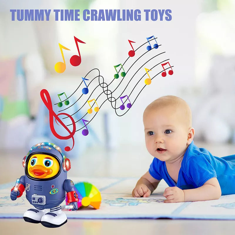 Baby actively engaging with a yellow musical dancing robot duck with sound effects