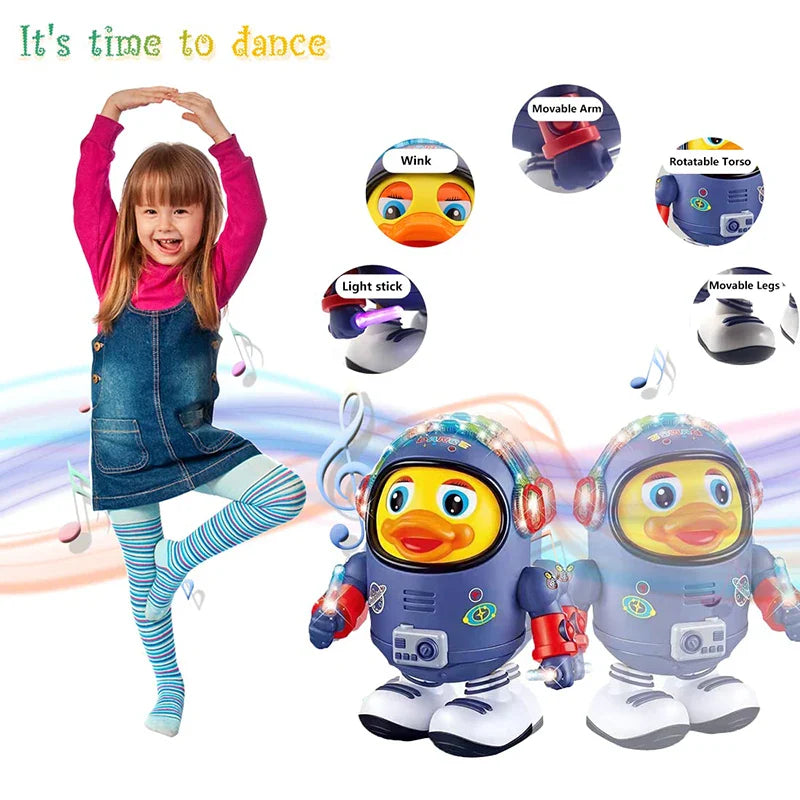 Interactive duck toy robot for babies, featuring dancing movements, music and flashing lights