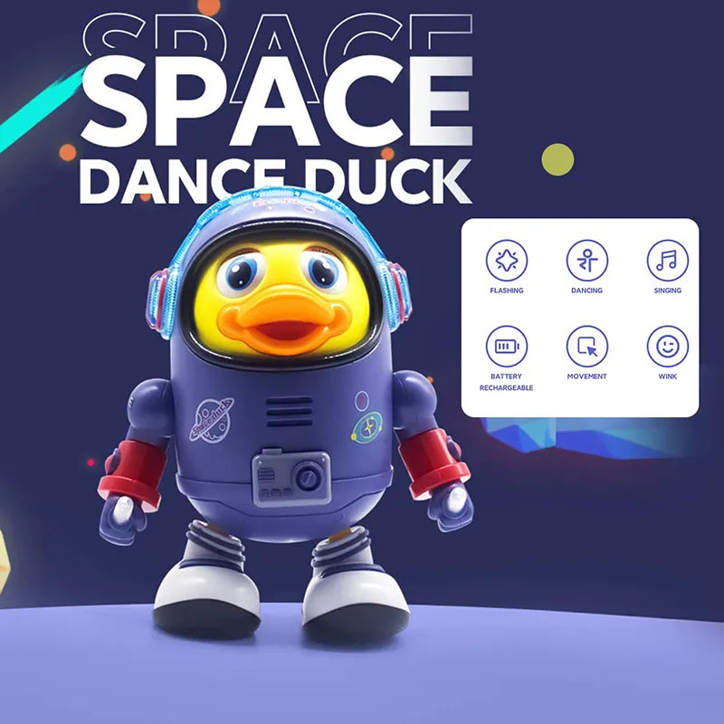 Toddler playing with yellow dancing robot toy duck, an interactive educational toy