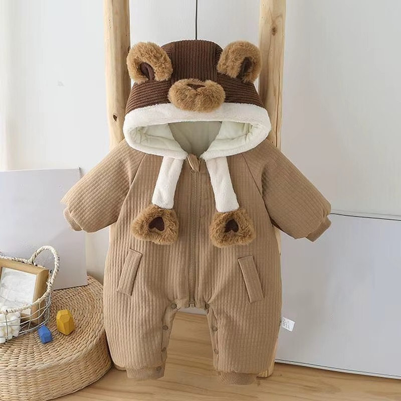Unisex baby padded winter onesie with hood, perfect for cozy infant warmth in cold weather