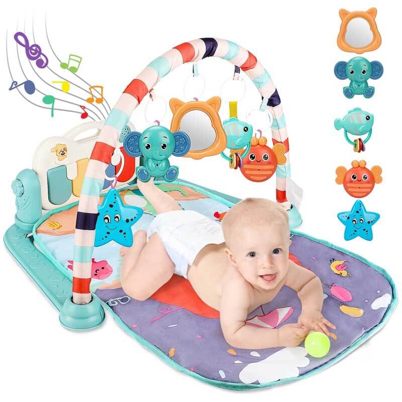 Unisex baby playing on musical activity gym play mat with piano, vibrant colors, early development.