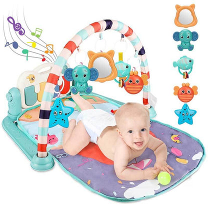 Unisex baby playing on musical activity gym play mat with piano, vibrant colors, early development.