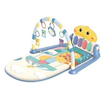 Textured musical baby activity gym play mat with a mirror and crinkly toys for sensory exploration.