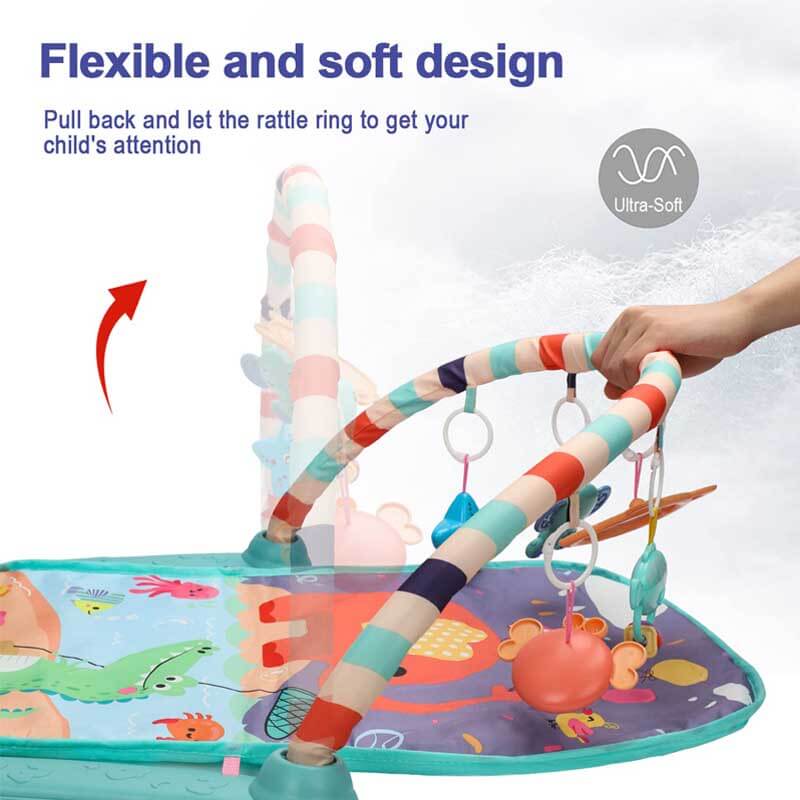 Newborn essentials: Musical baby activity gym play mat with hanging toys and a kick-activated piano.