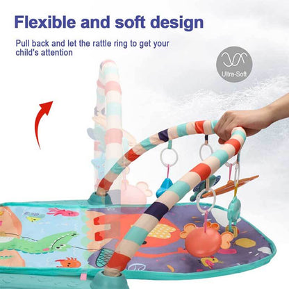 Newborn essentials: Musical baby activity gym play mat with hanging toys and a kick-activated piano.