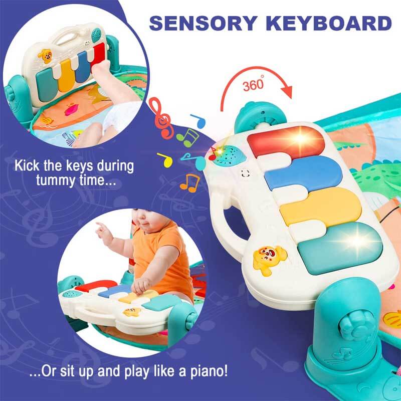 Overhead shot of a baby interacting with a musical activity gym play mat and piano, promoting sensory play.