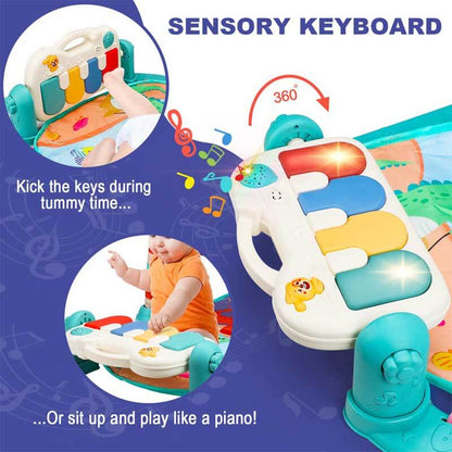 Overhead shot of a baby interacting with a musical activity gym play mat and piano, promoting sensory play.