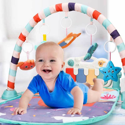 Close-up of a baby's feet touching the piano keys on a musical activity gym play mat, early learning.