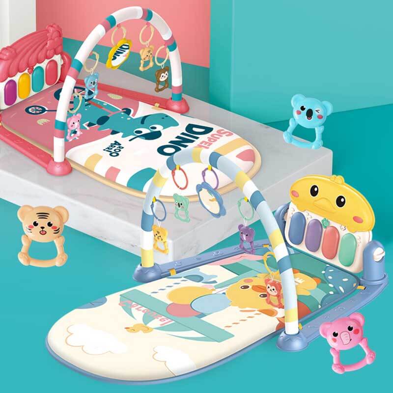 Musical baby gym play mat with adjustable arch and various toys fostering infant gross motor skills.