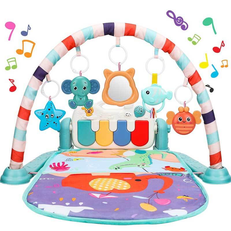 Developmental musical play mat for baby with a soft mat, colorful arch, and light-up piano.