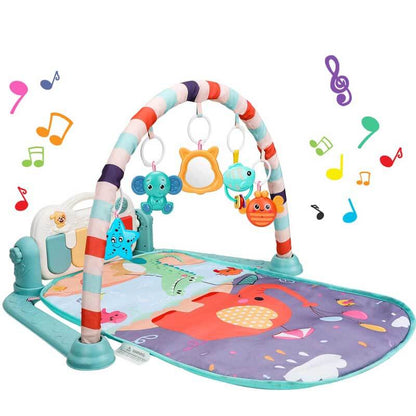 Happy baby on a unisex musical activity gym play mat, engaging with hanging rattles and piano sounds.