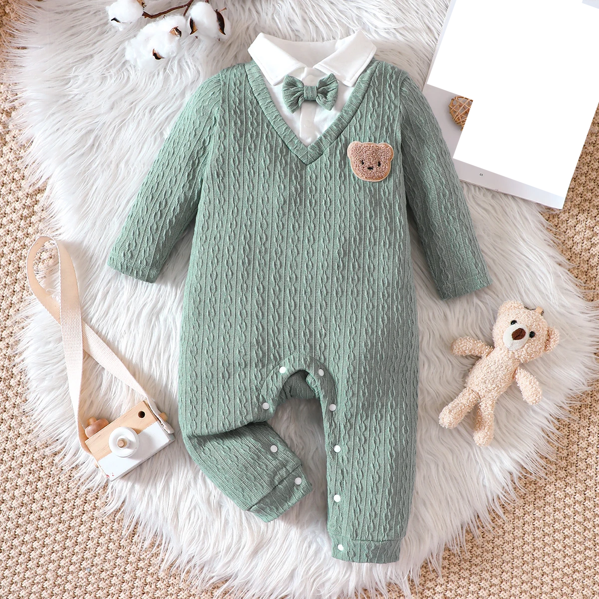 Unisex baby polo neck long sleeve romper in soft white, infant polyester jumpsuit