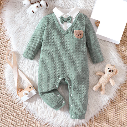 Unisex baby polo neck long sleeve romper in soft white, infant polyester jumpsuit