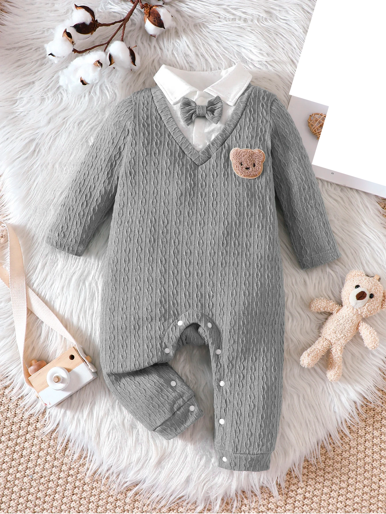 Cozy unisex baby long sleeve polo neck romper in light blue, perfect for spring/autumn