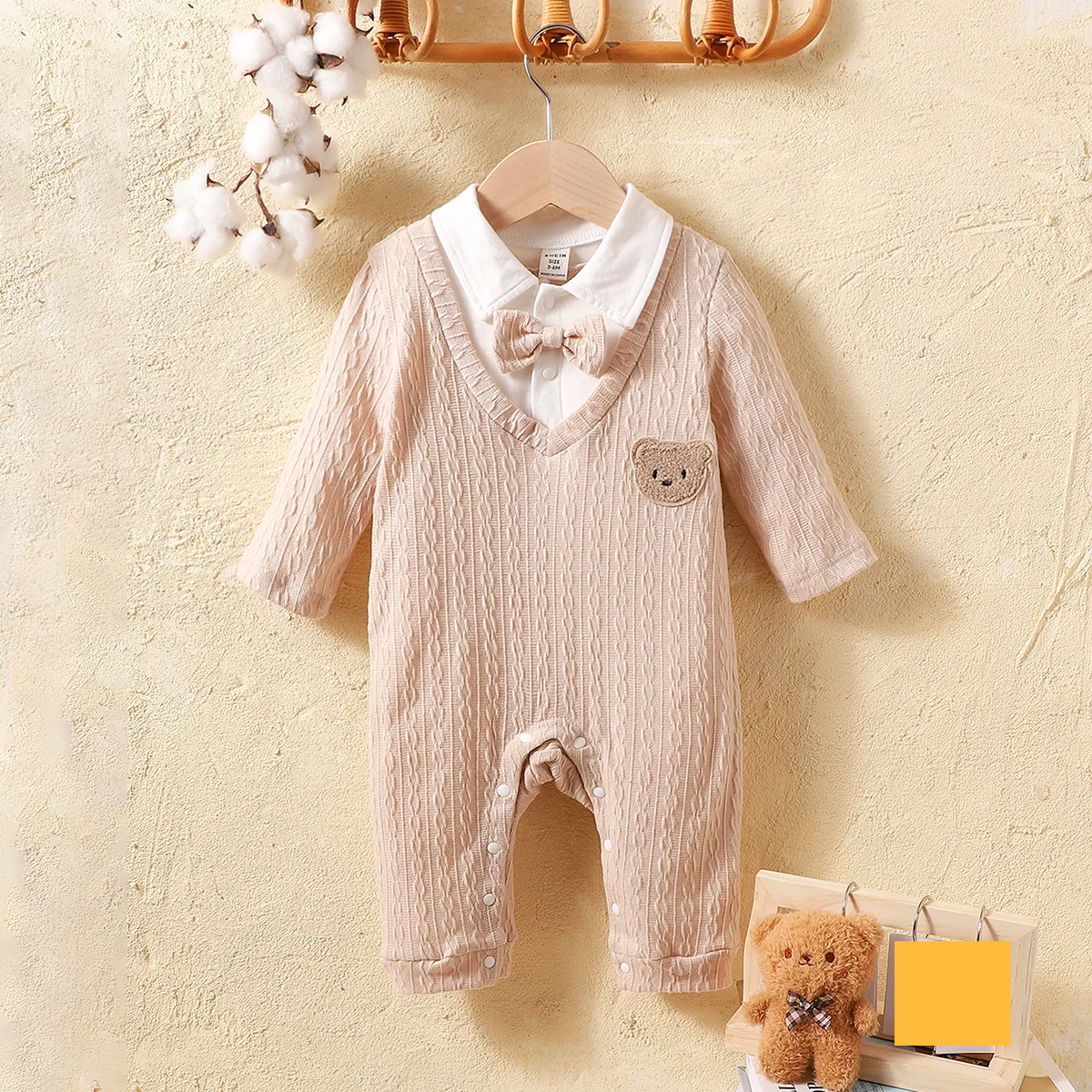 Warm yellow polo neck long sleeve baby romper for infants, comfortable polyester fabric