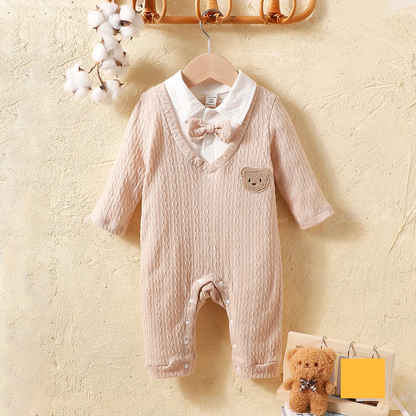 Warm yellow polo neck long sleeve baby romper for infants, comfortable polyester fabric