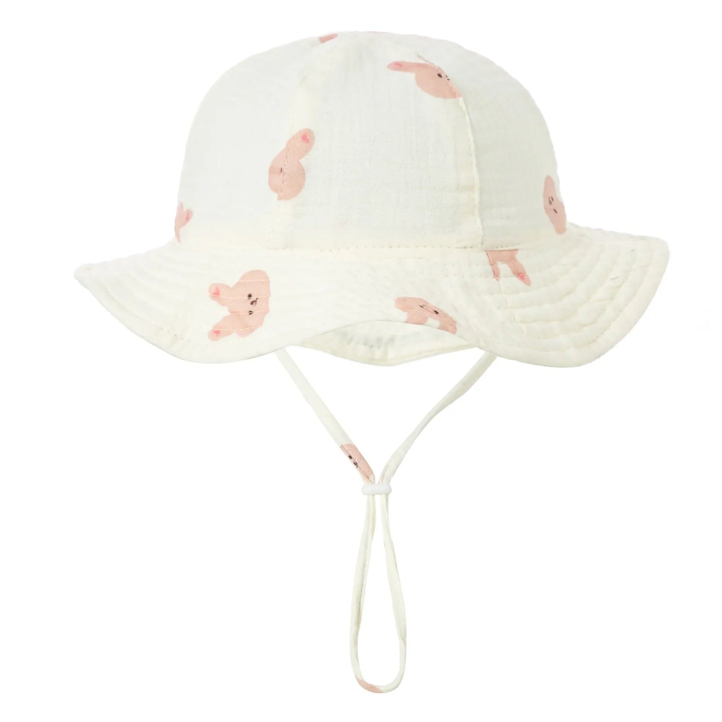 Texture shot of a printed cotton fabric on a unisex baby bucket hat, soft and durable, 3-12 months
