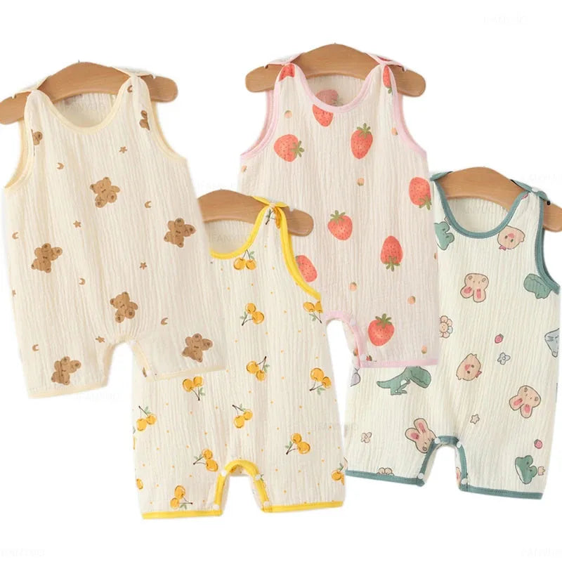 Unisex baby pure cotton sleeveless jumpsuit in light blue, perfect for summer comfort and play.