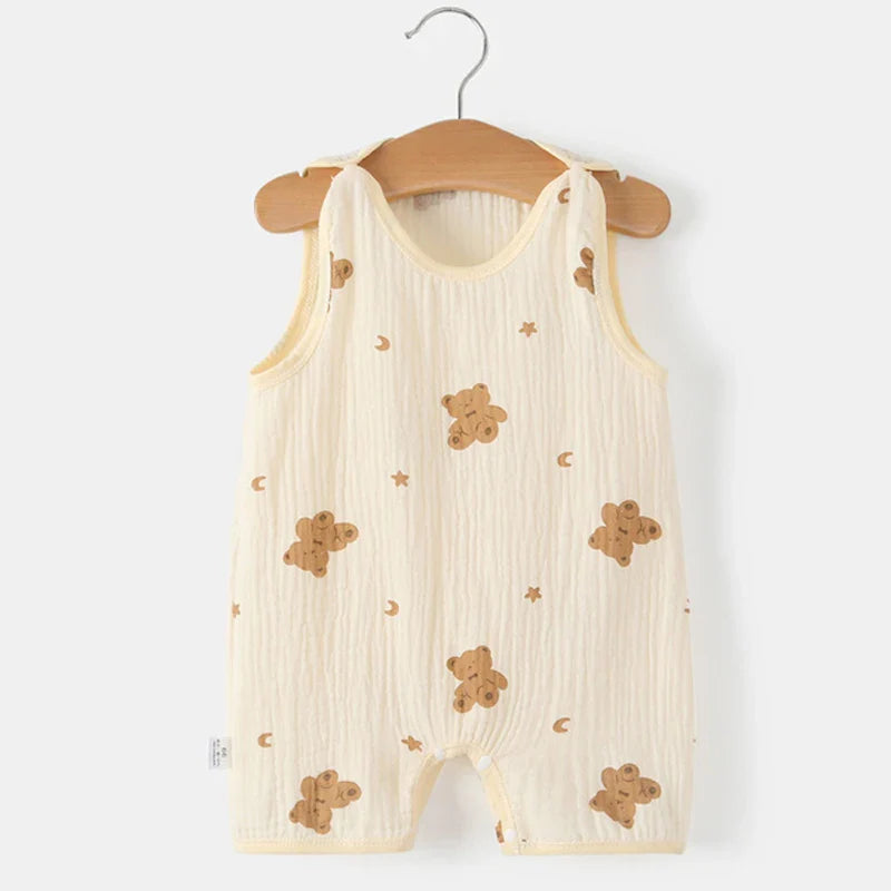 Pure cotton sleeveless jumpsuit for baby, featuring snap closures for easy diaper changes. unisex.
