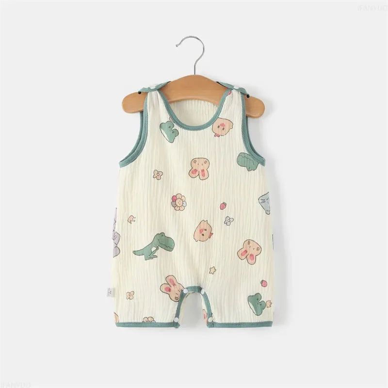 Stylish pure cotton sleeveless summer jumpsuit for infants, designed for comfort and ease of movement.