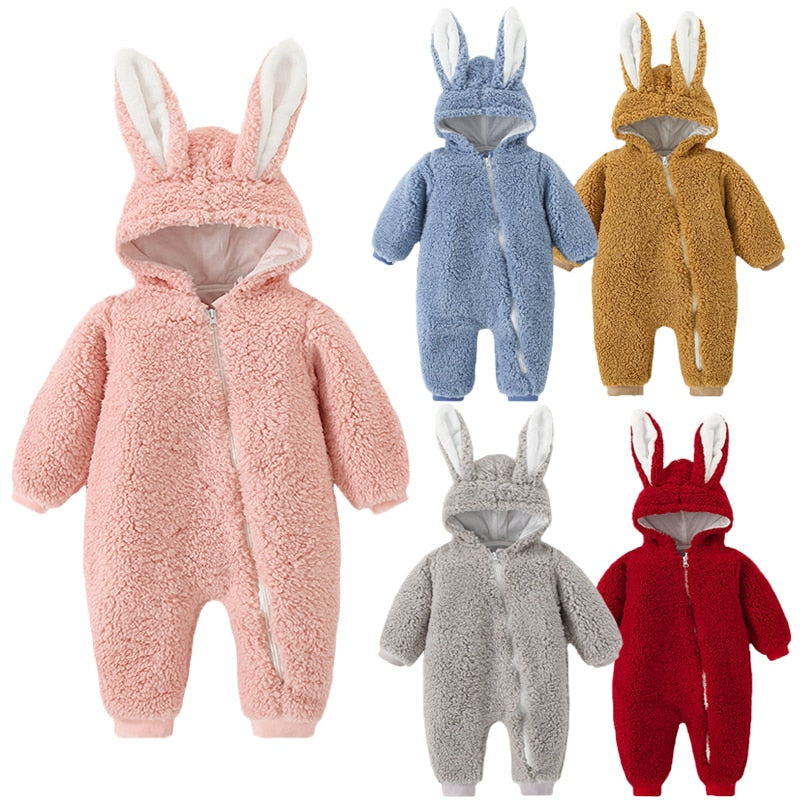 Unisex baby rabbit ear sherpa onesie in white, perfect for newborns, soft cotton blend.