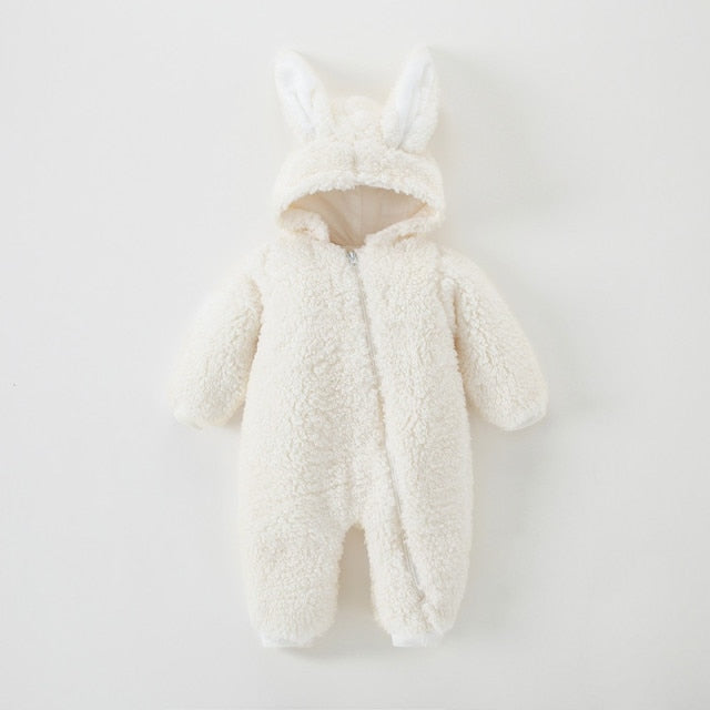 White unisex baby rabbit ear sherpa onesie, full length, perfect warm romper for infants.