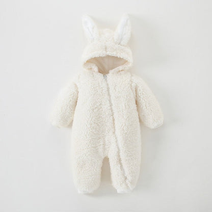 White unisex baby rabbit ear sherpa onesie, full length, perfect warm romper for infants.