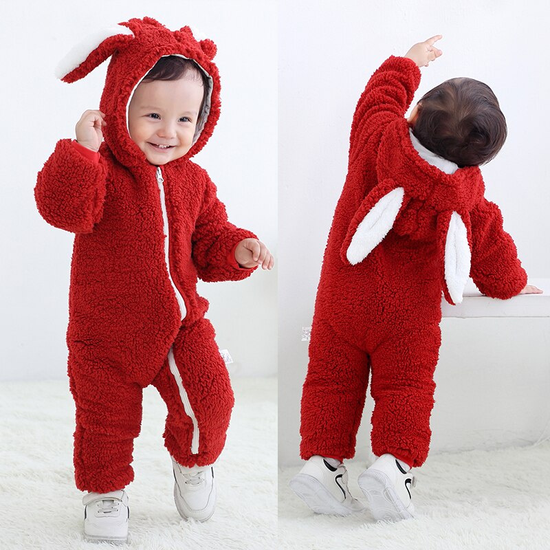 Cute newborn infant jumpsuit, unisex baby rabbit ear sherpa onesie, cozy and warm romper.