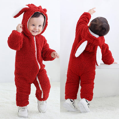 Cute newborn infant jumpsuit, unisex baby rabbit ear sherpa onesie, cozy and warm romper.