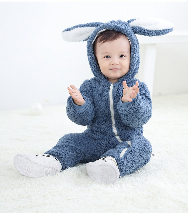 Baby shower gift idea: unisex rabbit ear sherpa onesie, soft and comfortable baby clothing.