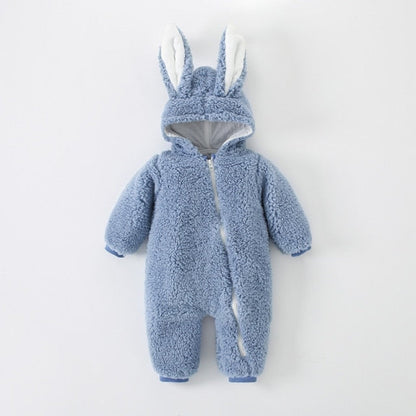Warm baby romper, unisex rabbit ear sherpa onesie with hoodie, ideal for infants.