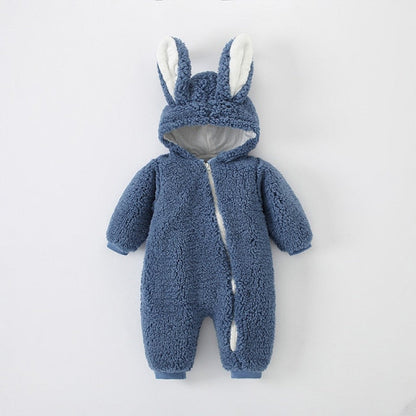 Front view of a unisex baby rabbit ear sherpa onesie, white cotton blend newborn outfit.