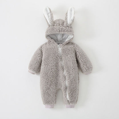 Adorable baby rabbit onesie, unisex sherpa jumpsuit with ears, perfect for cute baby clothes.