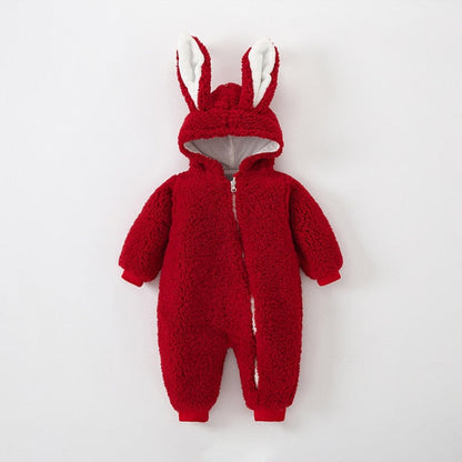Soft infant rabbit ear sherpa onesie, unisex baby clothing for comfort and warmth.