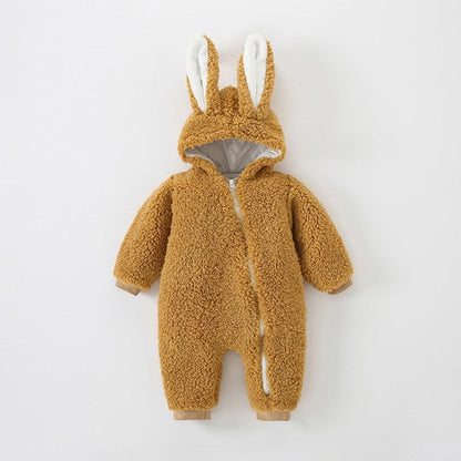 Close-up of the rabbit ear detail on a unisex baby sherpa onesie, soft and cozy.
