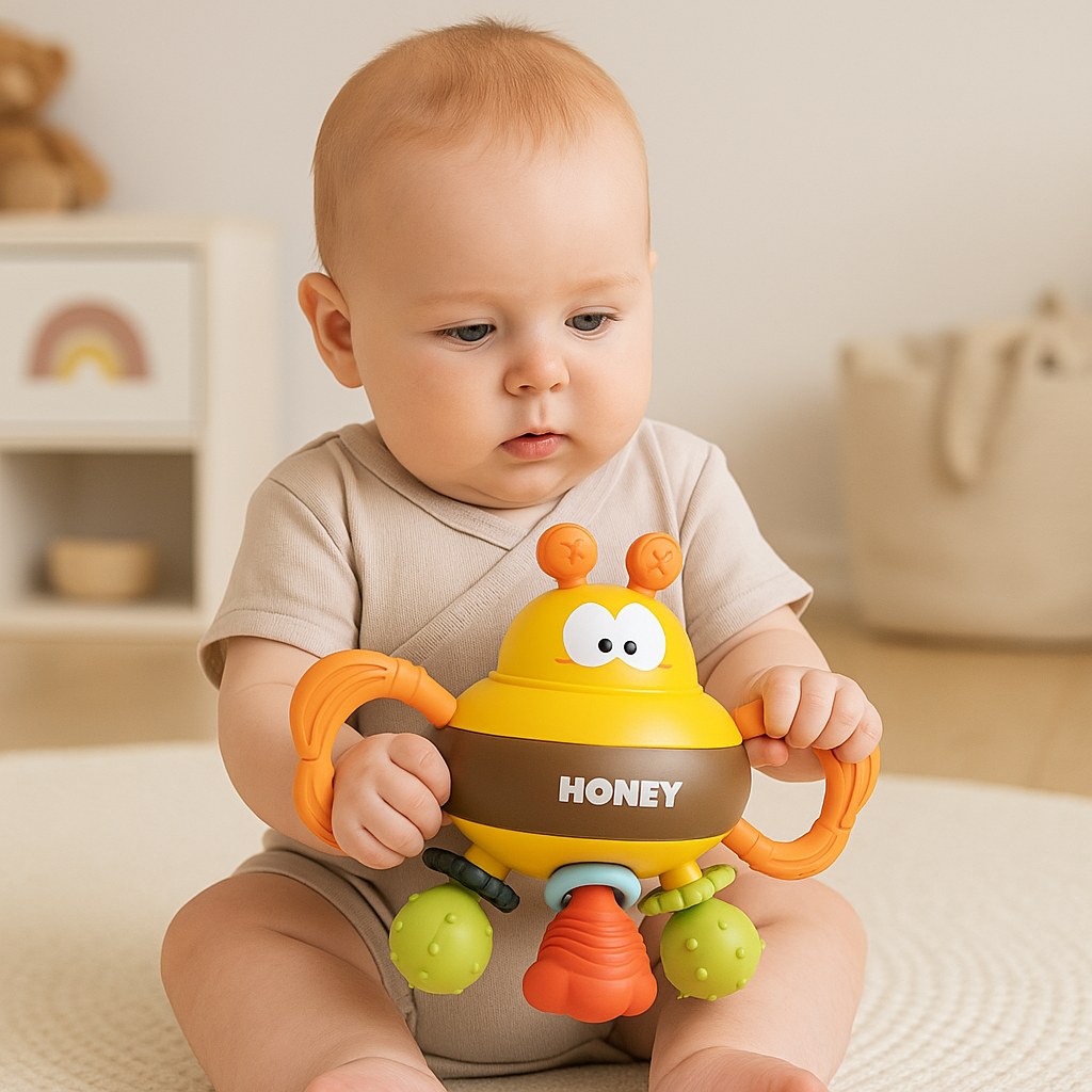 Unisex baby rattle and teething ball toy in blue, yellow, and red colors, for infant development.