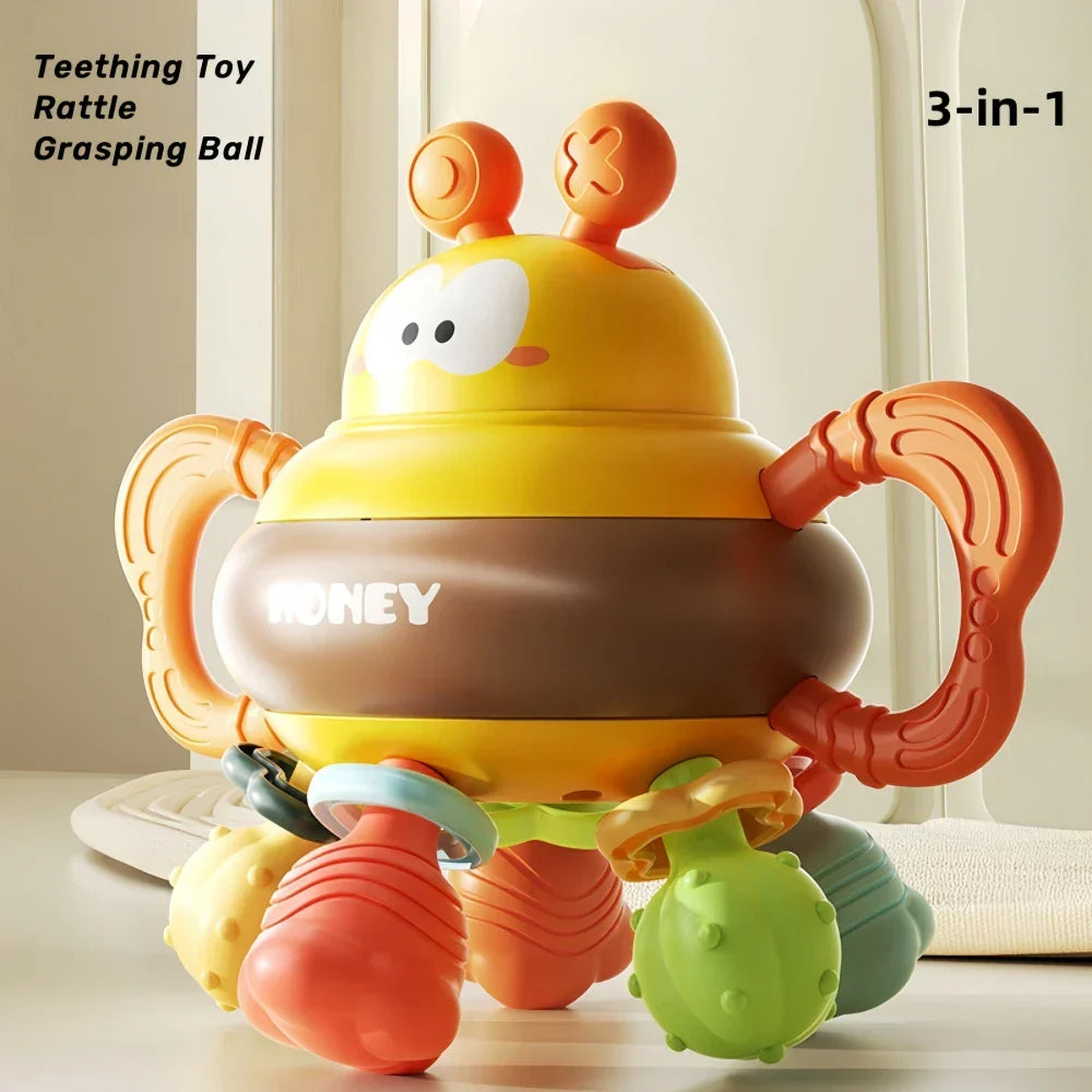 Vibrant baby activity toy, a rattle and teether in one, promoting sensory development for infants.