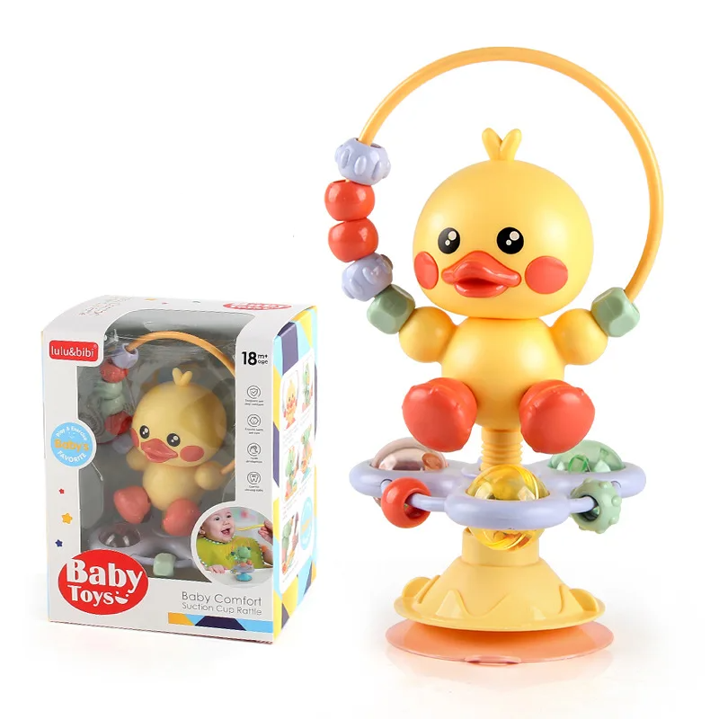 High-chair mounted suction cup rattle, keeping baby entertained during mealtime fun