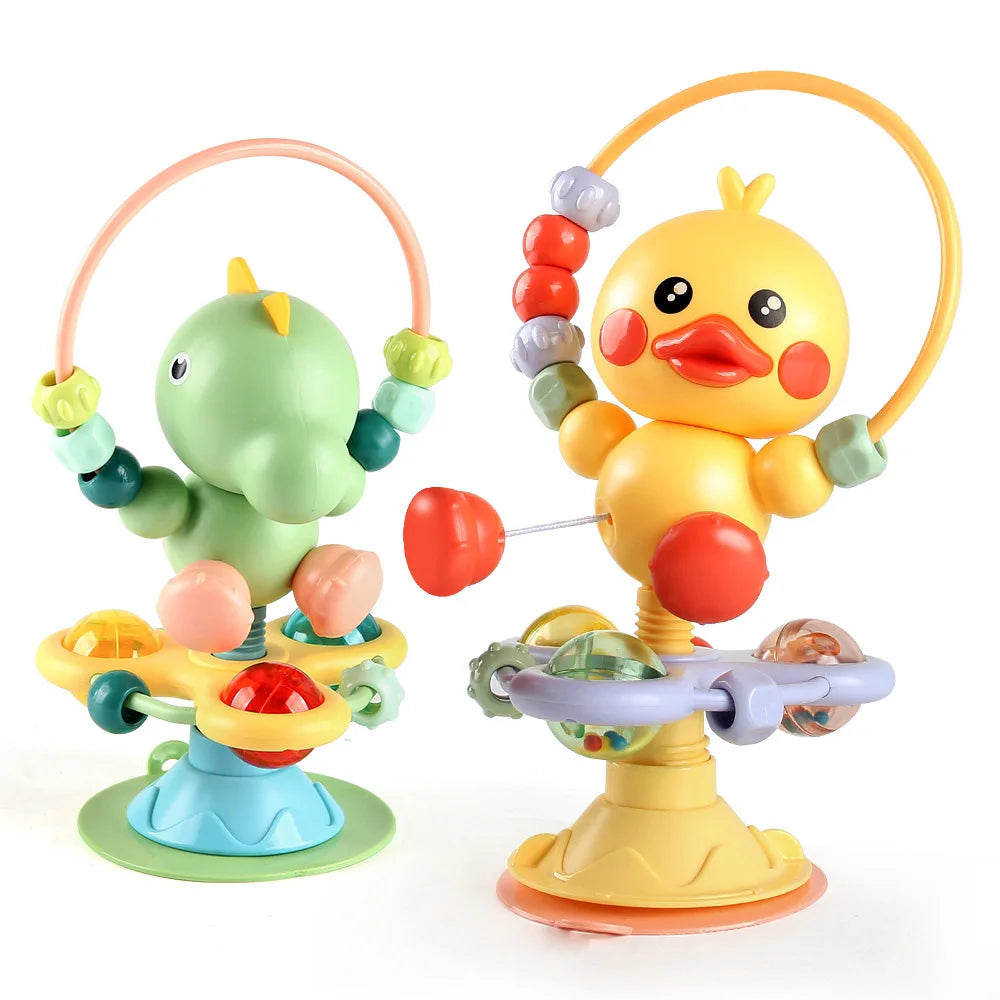Toddler engaged with a versatile suction toy, ideal for crib, high chair, and floor play