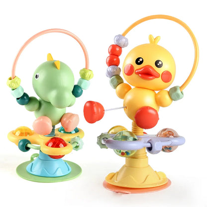 Toddler engaged with a versatile suction toy, ideal for crib, high chair, and floor play